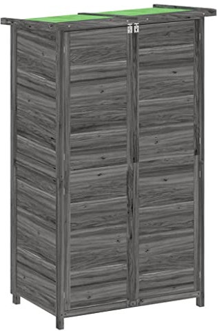 Holz Gerätehaus mit 4 Ablageflächen und 1 offenem Fach, Geräteschrank Geräteschuppen Gartenschrank Doppeltür Design, Grau 83x57x140 cm Massivholz Kiefer