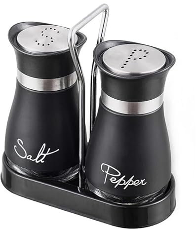 2 Pcs Salt Pepper Shakers Set - Salt Dispenser with Holder, Stainless Steel and Glass Container, Refillable Condiment Pots for Kitchen and Barbecue, Stainless Steel (Black)