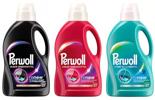 PERWOLL Flüssig-Set 3x 27 Waschladungen (81WL) 1x Black & 1x Color & 1x Sport, Feinwaschmittel-Set erneuert Farben & Hygiene Waschmittel entfernt schlechte Gerüche