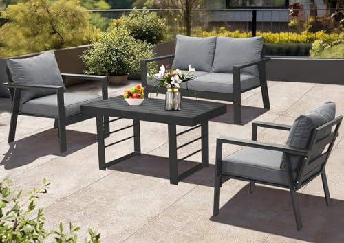 GLP Gartenmöbel Set Aluminium 4 TLG, 2-Sitzer Sofa, 2 x Einzelsessel, 1 x Esstisch, 7 x Auflagen, wetterfest Essgruppe Gartengarnitur für Garten, Balkon & Terrasse (Grau)