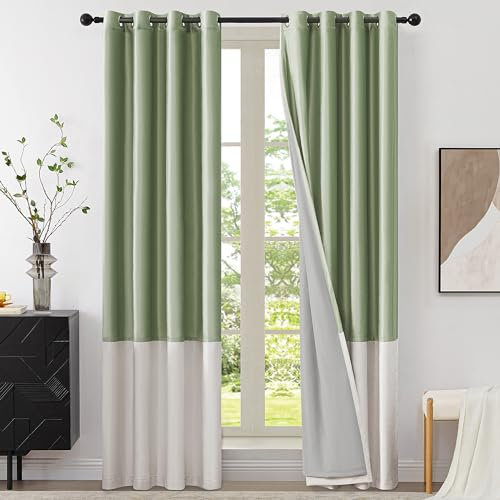 BULBUL Moderne Verdunkelungsvorhänge, 100 % Samt, Salbeigrün, elfenbeinfarben, 228,6 cm lang, Thermovorhänge, Paneele für Wohnzimmer, Schlafzimmer, Ösen, 2 Stück
