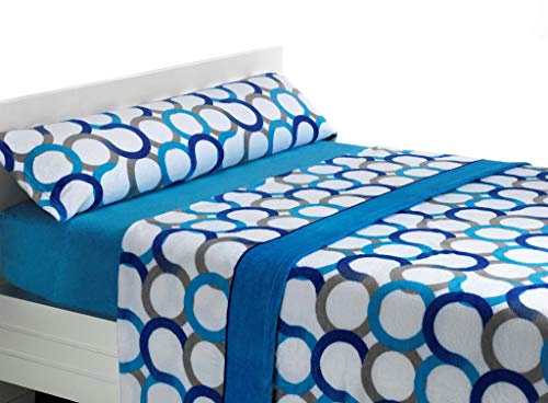 SABANALIA Sábanas Coralina Aros Cama 80x190 Invierno | 3 piezas: bajera ajustable, encimera y funda de almohada. Poliéster térmico, estampado de aros. Color Azul.
