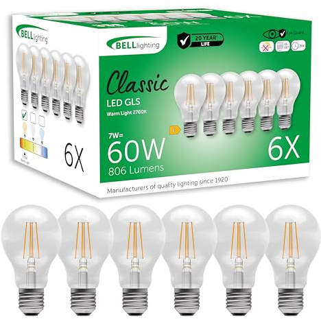 BELL Lighting E27 Energy Saving LED Filament GLS Bulbs Warm White 7W 6 Pack | Energy saving E27 Edison screw LED filament GLS bulbs with 2700K warm white light, 806lm brightness and 60W equivalent output