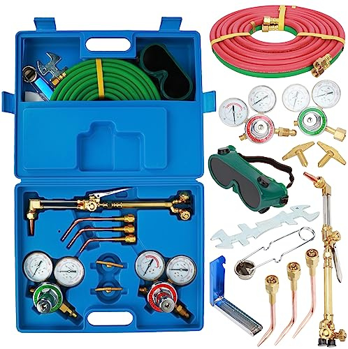 Oxy Lot de 13 torches à acétylène portatives pour soudage à l'oxygène acétylène et à l'oxygène et à l'acétylène avec buses, jauge et boîte à outils (bleu)