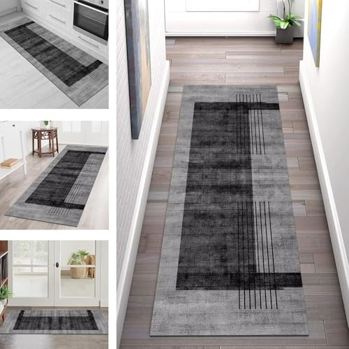 Teppich Läufer Lang Flur Küche Teppichläufer Rutschfest Waschbar Küchenläufer Teppichmatten Dunkelgrau Schwarz Schmutzfangmatte 110X200CM Meterware Flurteppich Wohnzimmer Schlafzimmer Küchenteppich