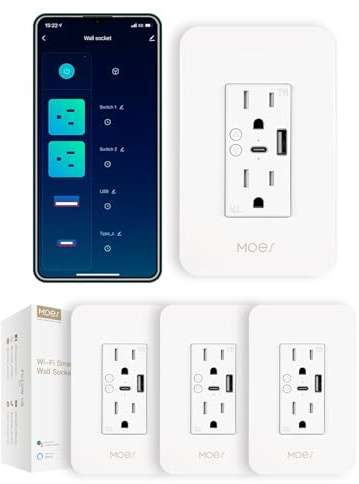 MOES Smart USB Wall Outlet Receptacle with Type-C & Type-A Charger, 2.4GHz Wi-Fi in-Wall Plug Socket 4 Pack, Remote Individual Control On/Off 15Amp, No Hub Required