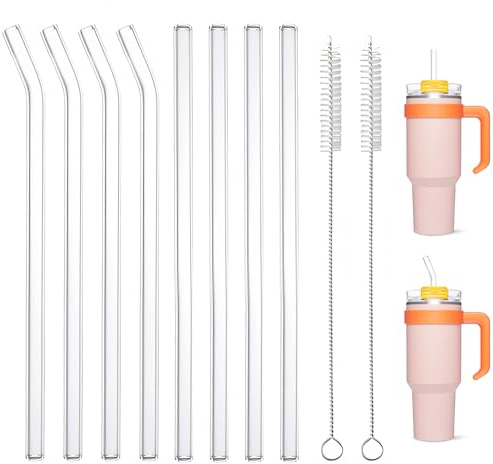GD HUA Cannucce in Vetro per Stanley Cup 40 oz - Set di 8 (4 Dritte + 4 Curve) 31 cm con 2 Spazzole per la Pulizia - Trasparente