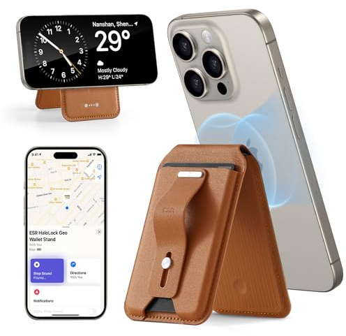 ESR for MagSafe Wallet with Full Find My Functionality, Magnetic Geo iPhone Wallet Tracker with Adjustable Stand, Up to 3,000g Magnet Strength, for iPhone 17e/17/16/15/14/13/12 Series, Brown