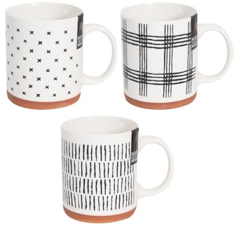 Set of 3 Clay Base New Bone China Coffee Mugs Tea Cups Home Black White Modern Mug Set