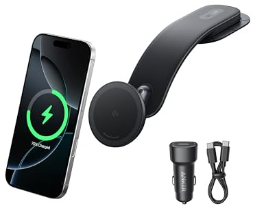 Anker Nano kabelloses Kfz-Ladegerät, 360° verstellbares magnetisches Ladegerät, abnehmbares Pad, 15W Qi2 Schnellladen, robuste Metallhalterung, Für iPhone 17/16/15/14/13/12 Serie (Mit Netzteil)