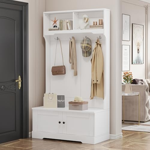 Gegtuon Garderobenständer Garderobenset 183 cm Hohes mit Schuhbank, Flurgarderobe Schuhschrank mit Haken & Stauraum Regal, Wandgarderobe Kompaktgarderobe mit Kleiderhaken für Eingangsbereich (Weiß A)