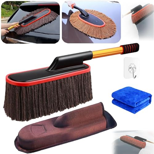 Juego de 3 cepillos para polvo de coche con mango telescópico extensible, cepillo de limpieza suave con caja y toalla, exterior libre de arañazos, plumero para limpieza extensible (con caja y toalla +