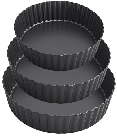 MGE Set of 3 Removable Quiche Molds – Removable Cake Mould with Base – Deep Quiche, Tartlets, Cake – Detachable Curly Oven Mould 20, 24, 28 cm