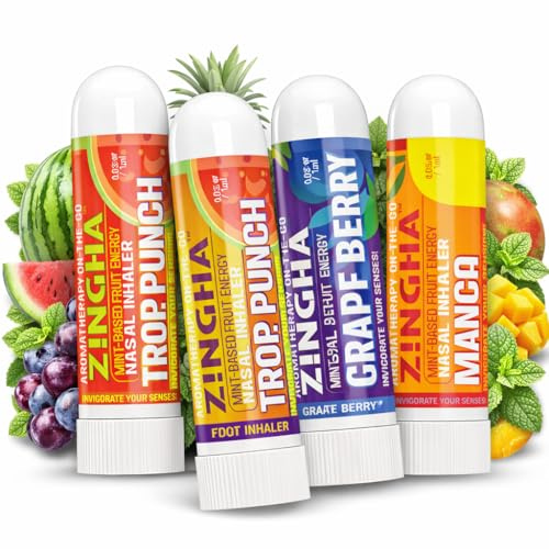 Z!NGHA Natural Aromatherapy Nasal Stick Boost Focus & Enhance Breathing | Portable Sinus Relief & Relaxation Nasal Inhaler Stick | Essential Oil Blend for Stress and Congestion (4PK Fruit Mix)