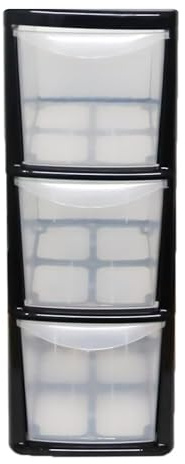 PD - 3 Tier Plastic Rattan Medium Drawer Unit - Storage Cabinet Chest of Drawers for Bedroom, Kitchen, Living Room - Utility Organiser Freestanding Drawer Tower Unit (Black/Clear, 3 Tier)