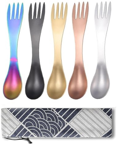 5 Pcs Stainless Steel 2 in 1 Fork Spoon with A Cloth Bag, Lightweight Camping Utensil Spoon, Travel Spork, Portable Spoon Fork Combo Reusable Spork Set for Picnic Party (Multicolor)