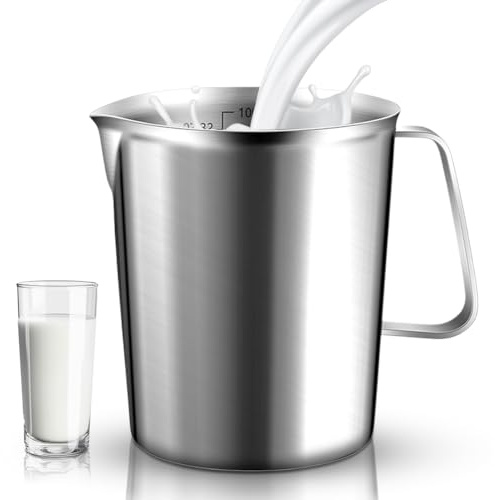 Messbecher Edelstahl, 1L Edelstahl Messkanne, mit Maßeinheiten & Griff | Messkanne Milk Pitcher, Milchaufschäumbecher, Flüssigkeitsmessgerät, 3 Messskalen, einschließlich ml, Oz und Tasse, BPA-frei