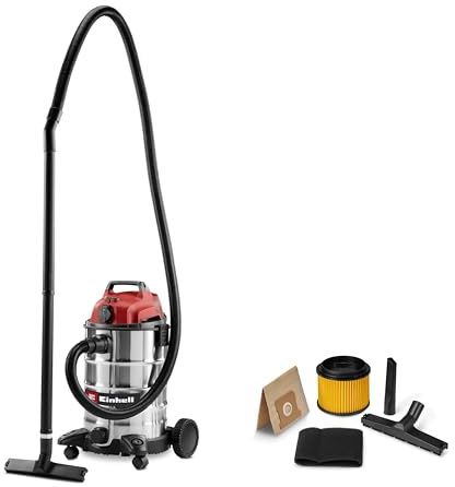 Einhell Aspirateur eaux et poussières TC-VC 3055 SA (900 W, 190 mbar, prise de courant asservie, cuve en inox de 30 l, roues et roulettes, avec accessoires, filtres et sac collecteur de poussière)