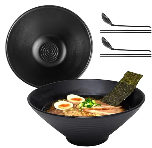 WEIWUXIAN 2 Stück 1000ml Ramen Schüssel aus melamin Japanisches Geschirr Ramen Set Ramenschüssel Asiatisches mit 24cm Essstäbchen und Löffel für Nudeln Suppen Salate Pasta Obst Sushi Pho (1000ml)