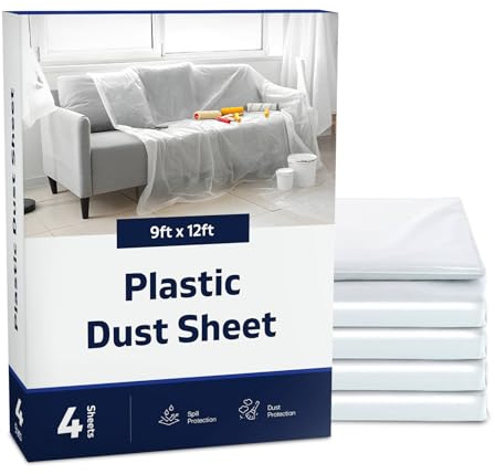 Plastic Dust Sheets for Painting & Decorating, 4 Pack (9ft x 12ft) Each | Low-Density Polyethylene (LDPE) Clear Plastic Paint Sheets for Furniture & Construction; Protects Against Dust, Debris