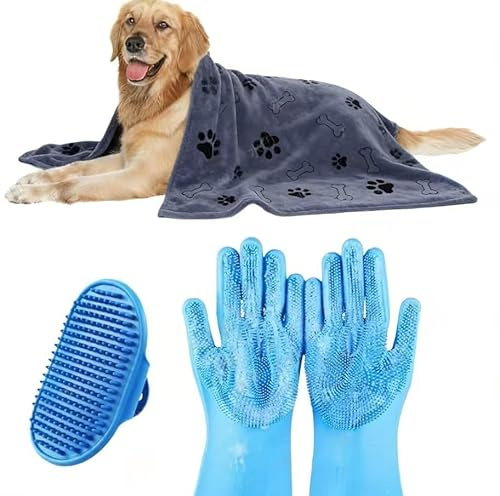 IDQQUQQ 3PCS Dog Bath Supplies,Dog Bath Brush | Dog Washing Gloves | Dog Towel 40'' X 23.6'',Super Absorbent and Soft Pet Grooming Towel, Perfect Shower & Grooming Supplies for Dogs (A-3 Kits)
