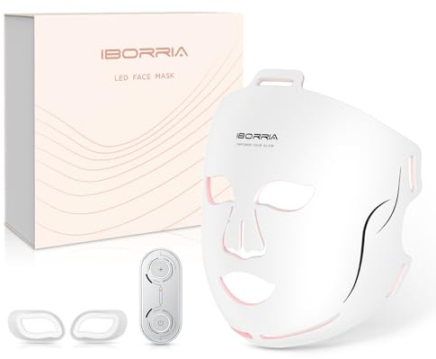 IBORRIA Masque Visage LED, Luminothérapie Infrarouge Proche de la Mâchoire | Masque Facial Beauté avec 400 LEDs Rouge & Bleu & Jaune, Soins de la Peau à Domicile et en Voyage, 3 Modes avec Télécommande