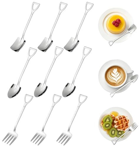9 Pcs Stainless Steel Shovel Spoon Fork Set Creative Shovel Spoon with Thickened Handle for Tea Coffe Fruit Cake Ice Cream Desserts Spoons with Enlarged Head in Home Restaurant Cafes Bistros (Silver)