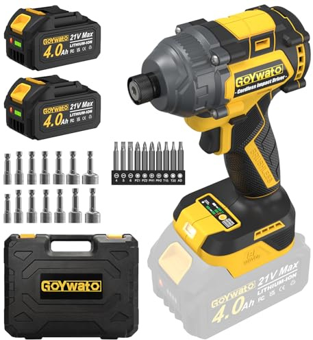 GoYwato 21V Cordless Impact Driver - 1/4 Hex Chuck Power Impact Drivers w/Brushless Motor & 2 x 4.0Ah Battery & Carry Case & Sockets & Screwdriver Bits - Impac Driver for Home Repair DIY Projects