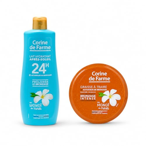 Corine de Farme Lot de 2 : Graisse à Traire Vanille Monoï de Tahiti 150 ml + Lait Après-Soleil Activateur et Prolongateur de Bronzage 250 ml - Fabrication française