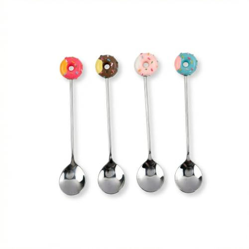 4 Pcs Donut Coffee Spoons, Stainless Steel Small Teaspoons Set, Cute Mini Dessert Spoons with Colorful Handles for Espresso, Tea, Ice Cream, Sugar, Mixing & Stirring