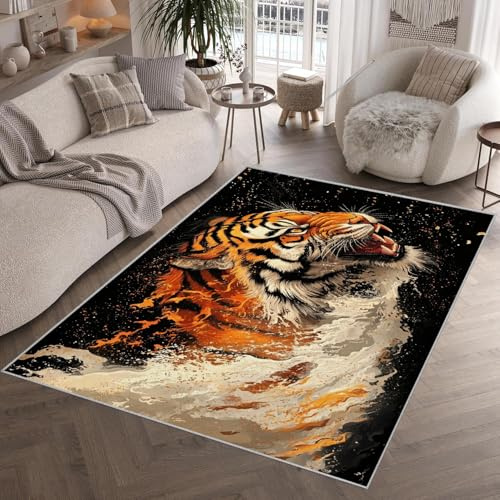 Generisch Tiger Flamme Diele Teppich 60 x 110 cm 3D Wildnis Tier Kunst Waschbarer Teppich Kurzflor Antirutsch Bettvorleger für Diele, Schlafzimmer, Küche D-400