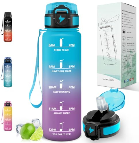 Motswedi Gourde Sport 1L, avec Paille, Bouteille d'eau, Marqueur de Temps de Motivation, Bouteille Plastique, Gourde 1 litro, pour Sport, Bureau, Fitness, Bleu & violet