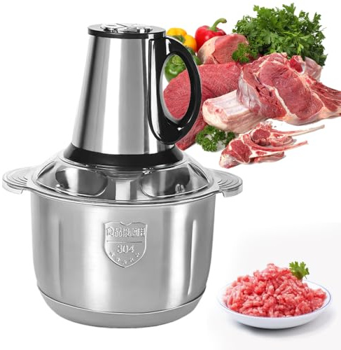Picadora eléctrica 500 W, robot de cocina con cuenco de acero inoxidable 5 L (5 L) | Picadora de carne con 4 cuchillas dobles, 3 velocidades, para carne, verduras, nueces, sin BPA