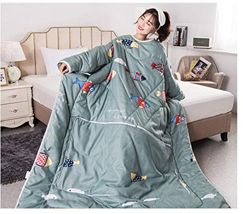 HOXMOMA Tragbare Decke mit Ärmeln, verdickte, tragbare Baumwolldecke, fauler, Warmer Schlafsack für Erwachsene, winddichter Umhang mit Reißverschluss für das Büro zu Hause,Grün