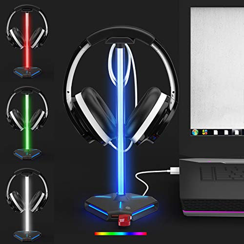 ALACOO RGB Headphone Stand Headset Holder Hanger with 2 USB 2.0 Extension Charging Port, Type C input & output Extender Cord RGB Color Light Pole for Gamer Desktop Table PC Gaming Earphone Accessories