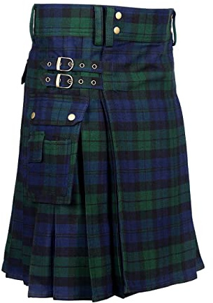 Scottish Designer Tartan Utility Kilts for Men 8 Yard 13oz Kilt (Black Watch Tartan Belly Button Measuremnets 32)
