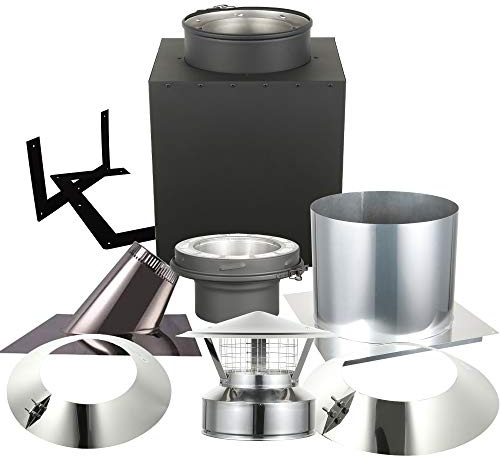 AllFuel HST Through The Attic Kit with Spark Guard Chimney Cap for 6 Diameter 304 Stainless Steel Class-A Double Wall Chimney Pipe (24 Square Ceiling Support Box, 7/12-12/12 Pitch Roof Flashing)