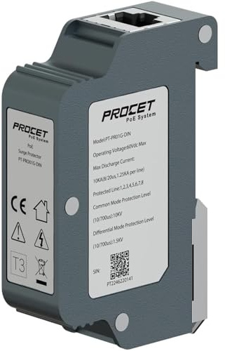 PROCET 10KV DIN Rail PoE Surge Protector IEEE802.3bt/PoE++ Up to 120W Gigabit PoE 10KV Lightning Suppressor, -40℉ to 185℉, Industrial Zinc Alloy, Gas Discharge Tube