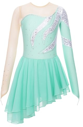 CHICTRY Bambina Abito da Pattinaggio Artistico sul Ghiaccio Ragazza con Strass Vestito da Balletto Danza Classica Patchwork Maniche Lunghe Pattinatrice Ballerina Concorso Gara Verde 10 Anni