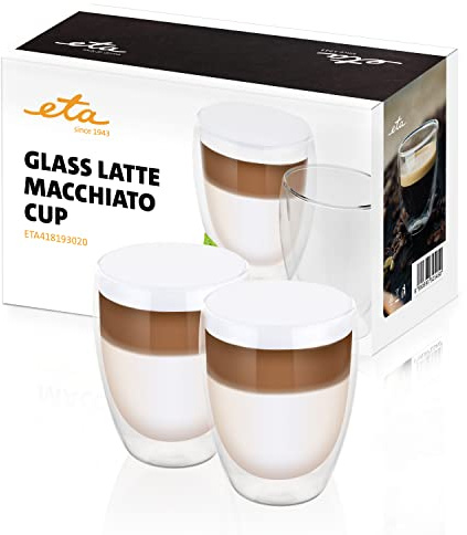 ETA Doppelwandige Latte Macchiato Gläser, 350ml, 2 Stück, heiße & kalte Getränke, Kaffeegläser, Ristretto, aus Borosilikatglas