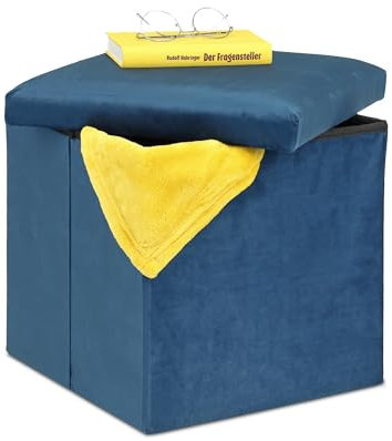 Relaxdays Sitzhocker, Sitzwürfel mit Stauraum, HBT: 38 x 38 x 38 cm, faltbar, Aufbewahrungshocker aus MDF & Samt, blau