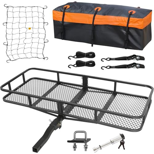 WEIZE Folding Hitch Mount Cargo Carrier Basket 60 x 20 x 6 with Waterproof Bag, Net, Strap, 2-Inch Folding Shank, 500 lbs Capacity Hitch Rack, Steel Construction