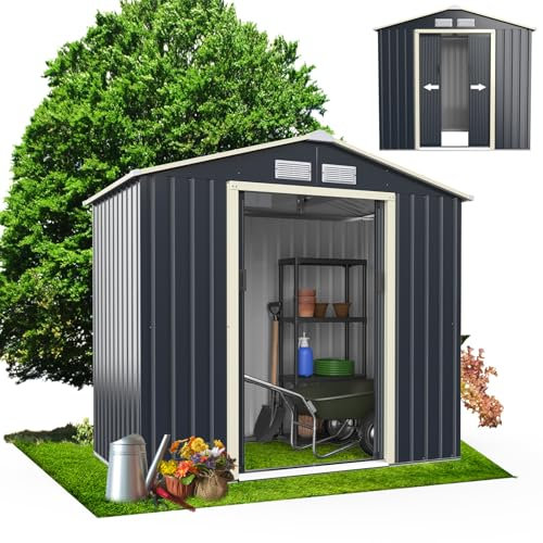 RELAX4LIFE Abri de Jardin Métal 3m2 avec Porte Coulissante Toit en Pente, Cabane de Jardin Extérieur 213x128x195cm Bricolage Rangement Cananon de Jardin résistant aux intempéries