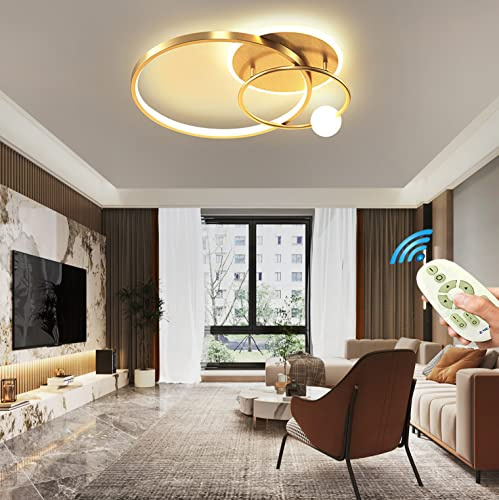 Modern Schlafzimmer Esszimmer Deko Lampe Deckenleuchte Gold Wohnzimmerlampe Hängend Leuchte LED Dimmbar Deckenlampe Rund Ring Design mit Fernbedienung Decke Pendelleuchte Küchen Lampe