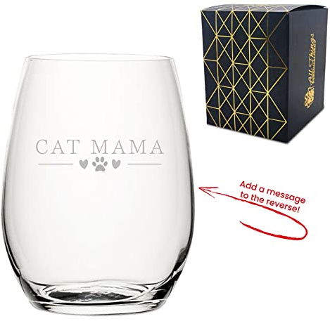 Personalised Engraved Novelty Stemless Wine Glass with Cat Mama Design, Add a Personalised Message to the Reverse, Laser Engraved, Gift Box Included, Gift for Mum, Birthday Gift, Cat Lover Gift
