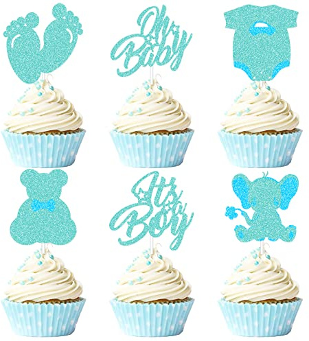 24 PCS Blaues Geburtstag Cupcake Topper Glitter Es ist ein Junge Kuchen Dekorationen Baby Dusche Geschlecht Reveal Cupcake Picks für Junge oder Mädchen Thema Baby Dusche Kinder Party Supplies