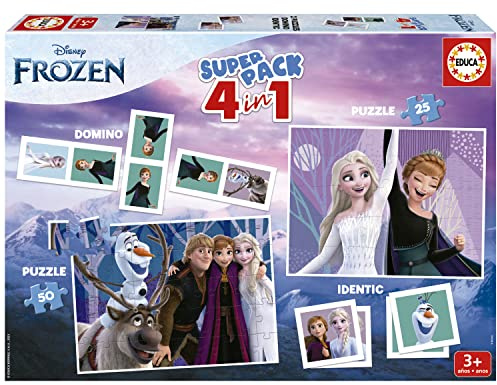 Educa - Superpack Frozen Elsa 4 en 1 | Puzzle 4 5 3 Años, Juego Mesa Niña | 2 Puzzles 25 y 50 Piezas, Dominó 28 Fichas, Memory | Regalo Niña 3 4 5 Años (19737)