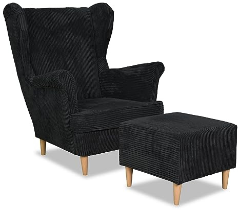 Family Meble Ohrensessel Cord mit Hocker, Modell Bonito, Skandinavisch, Relaxsessel aus Webstoff, Loungesessel, Sessel mit Fußstütze, Bequemer Sessel, Für Wohnzimmer, Esszimmer, Schlafzimmer, Schwarz