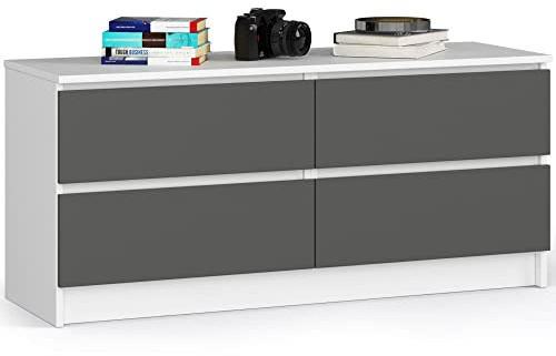 AKORD Kommode K 120 cm | 4 Schubladen | für Wohnzimmer Schlafzimmer Büro Arbeitszimmer | Modernes Funktionales Design 16 mm | Laminierte Platte | Farbe Weiß/Graphitgrau