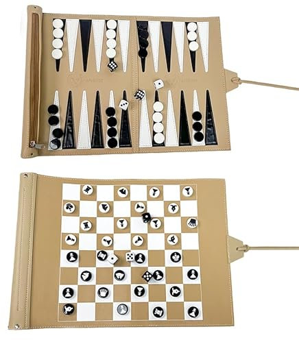 Apherin Rollbares Reise Backgammon, Schach, Dame 3 in 1– Doppelseitiges Teile-Design für Schach, APH-01